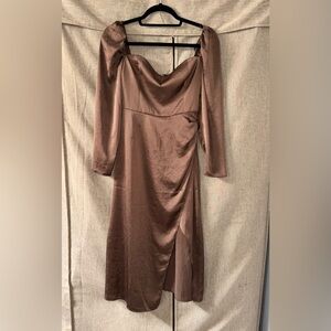 Aritzia Wilfred size 0 Chocolate Satin Long Sleeve Midi Dress with Slit